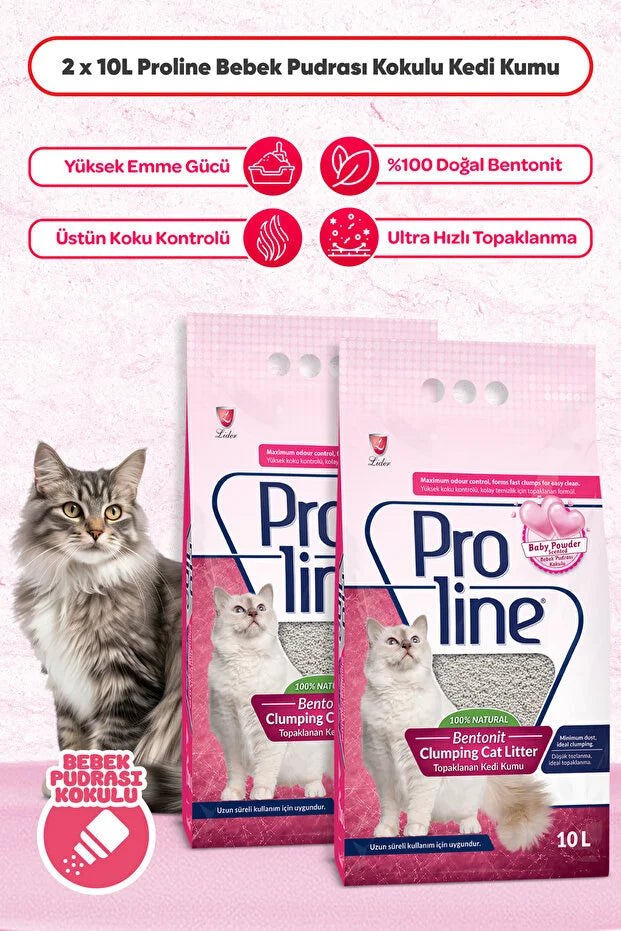 Proline Bebek Pudrası Kokulu İnce Tane Topaklanan Kedi Kumu 10 Lt x 2 Adet