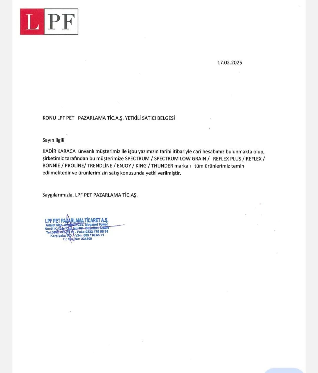LPF Pet Pazarlama yetkili satıcı belgesi - web için kimlik bilgileri maskelenmiş önizleme