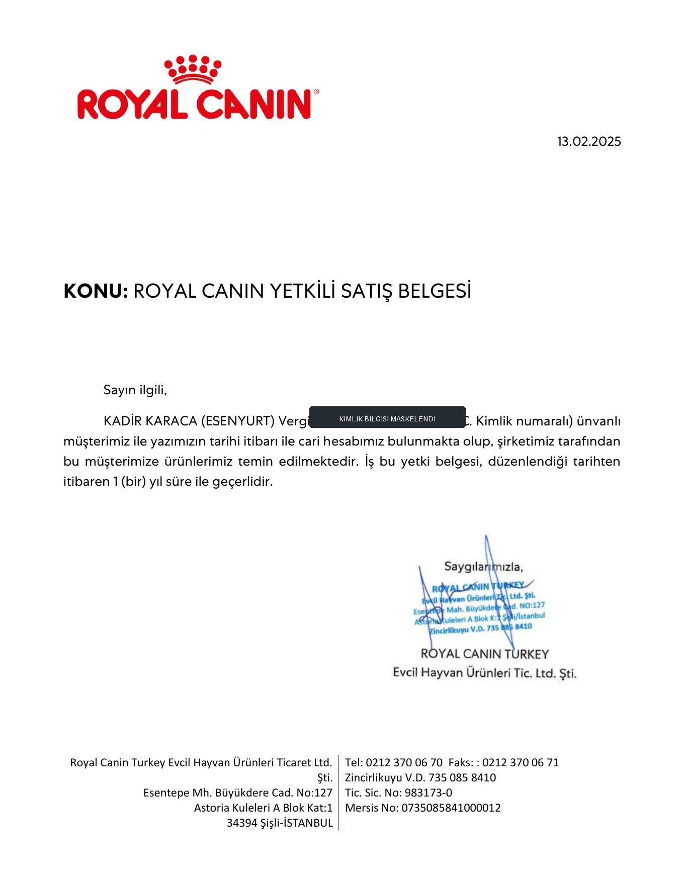 Royal Canin yetkili satış belgesi - web için kimlik bilgileri maskelenmiş önizleme