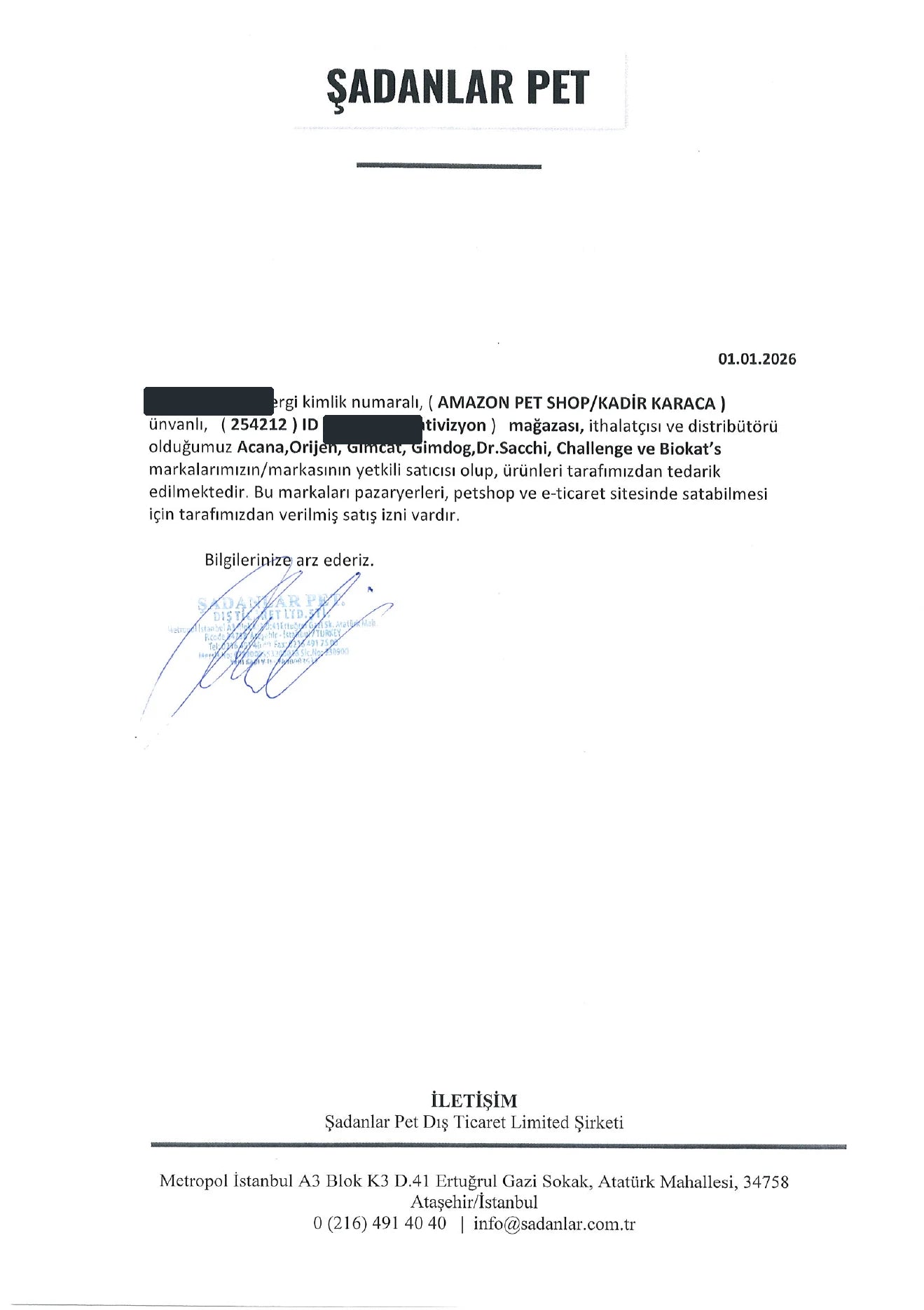 Şadanlar Pet satış izin belgesi - web için kimlik bilgileri maskelenmiş önizleme