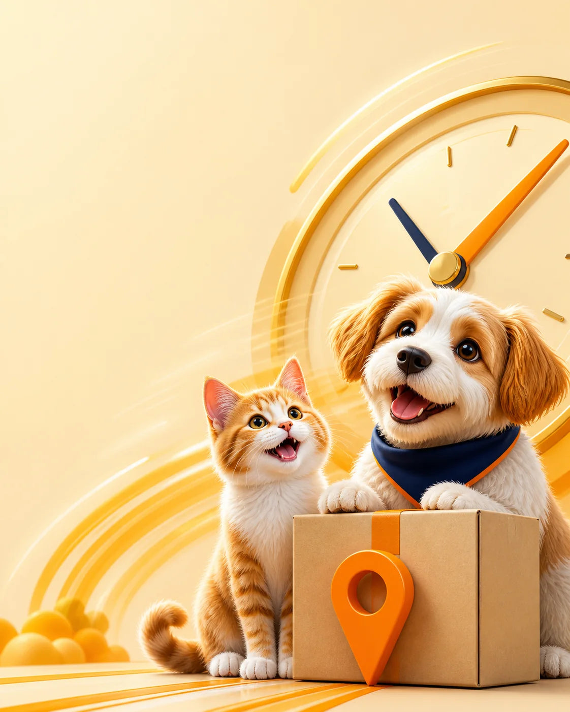 Saat, kedi, köpek, konum pini ve teslimat kutusu illüstrasyonu